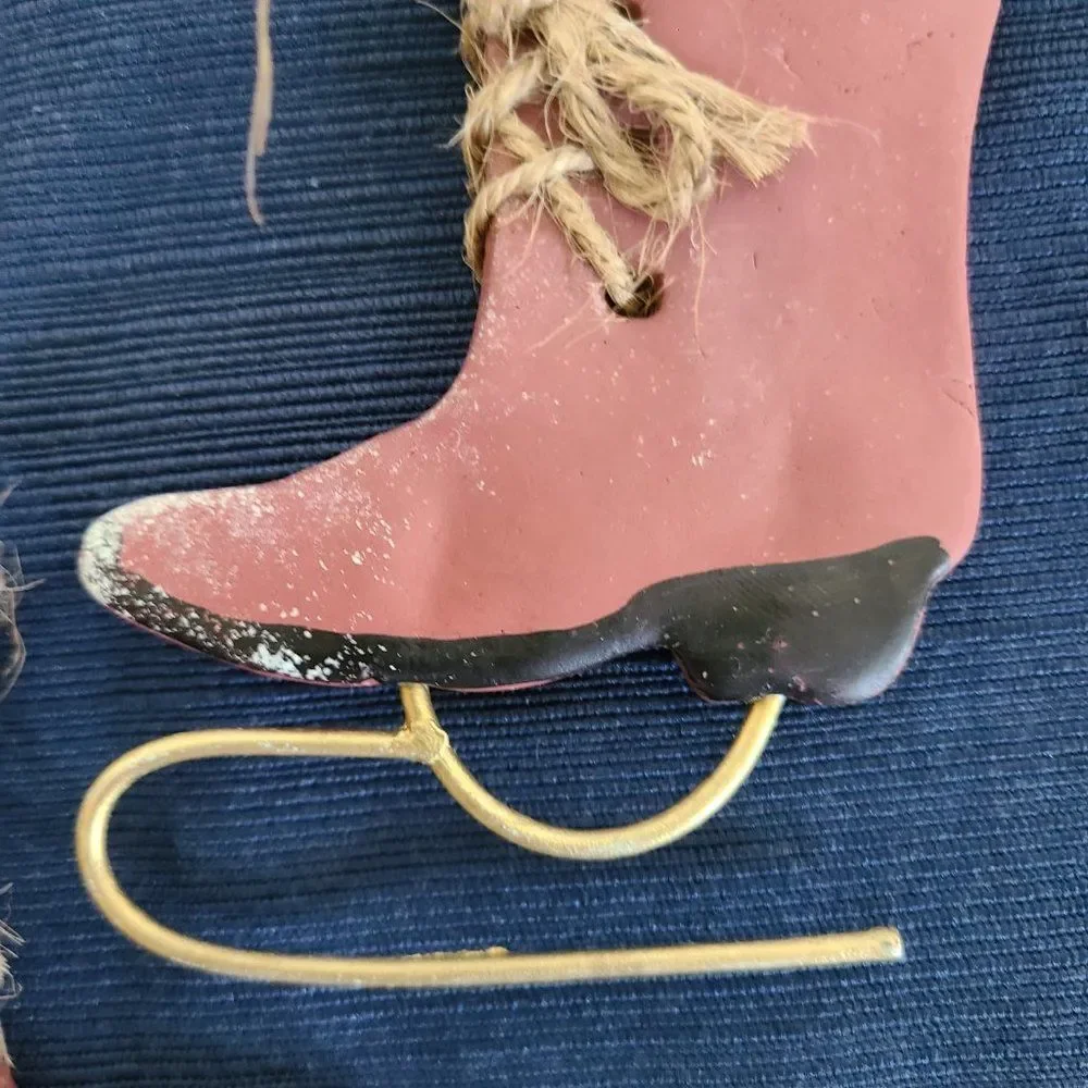 Vintage Winter Ice Skates With Snowman Christmas Ornaments Set of Two